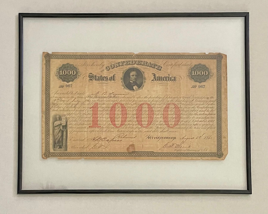 Rare Antique Civil War Confederate 1861 Jefferson Davis $1000 Bond