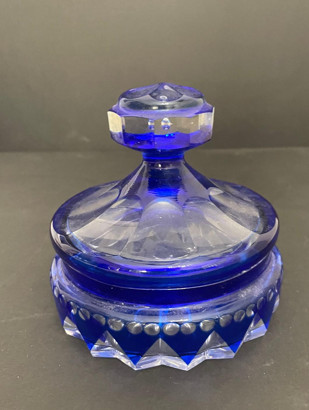 Vintage Cobalt Cut to Clear Crystal Covered Candy Dish
