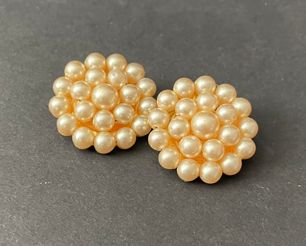 Vintage Faux Pearl Cluster Clip On Earrings