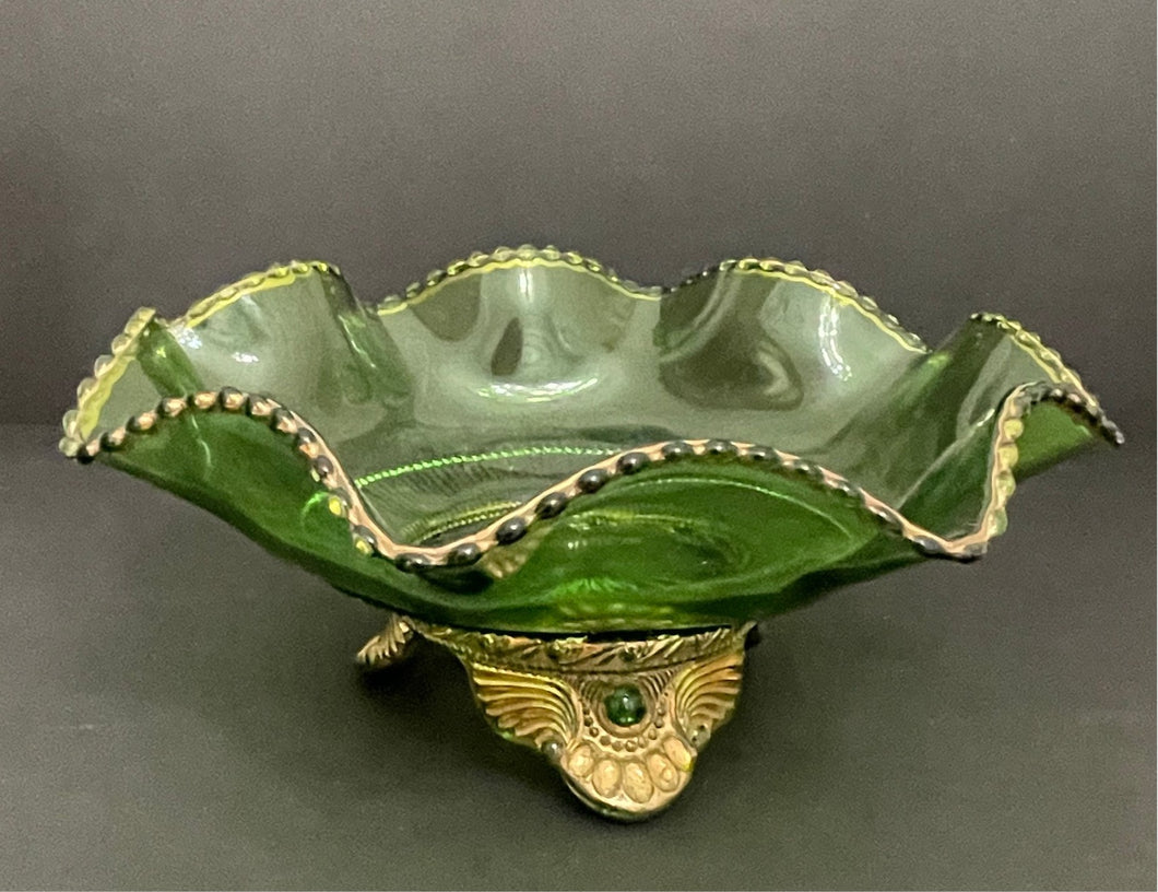 Vintage Mid Century Green and Gold Rimmed Glass Footed Bowl