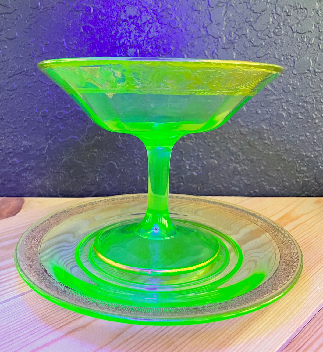 Antique 1920s EAPG Uranium Vaseline Glass Compote with Plate Gold Details