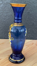 Load image into Gallery viewer, Vintage Bohemian Cobalt Glass Hand Painted Bud Vase
