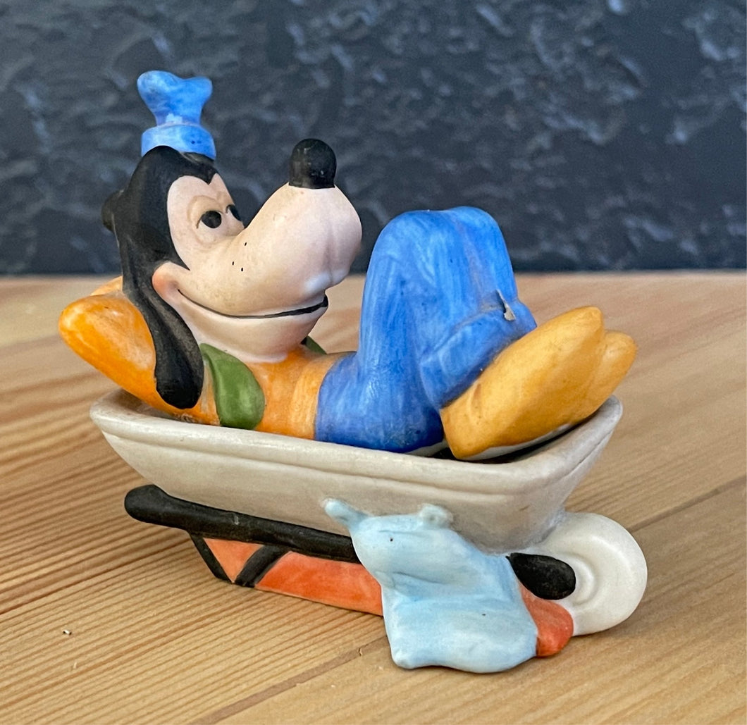 Vintage Walt Disney Productions Porcelain Goofy Napping in Wheelbarrow Figurine