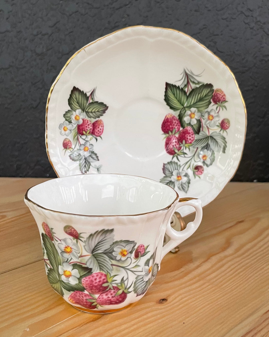 Vintage Royal Grafton Strawberries and Blossoms Bone China Porcelain Tea Cup & Saucer
