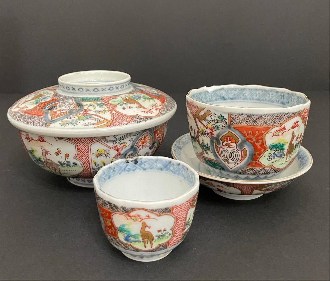 Antique Polychrome Japanese Porcelain Dinner Plate Set