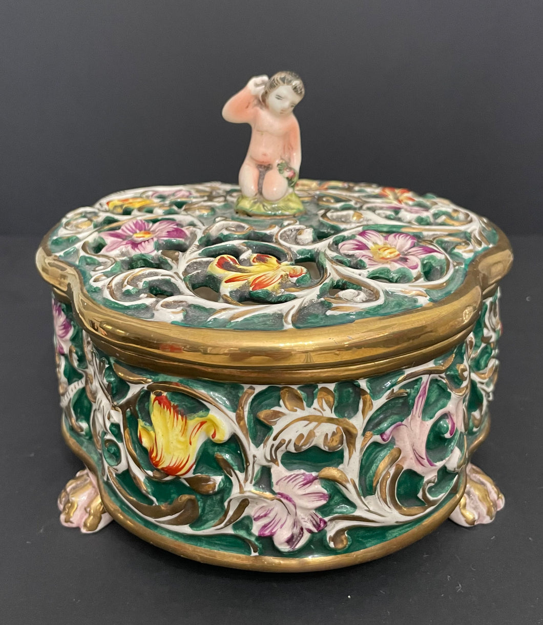 Vintage Italian Capodimonte Footed Cherub Porcelain Trinket Jewelry Box