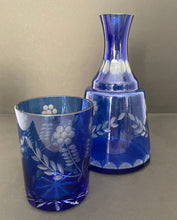 Load image into Gallery viewer, Vintage Cobalt Cut to Clear Crystal Bedside Carafe and Tumbler
