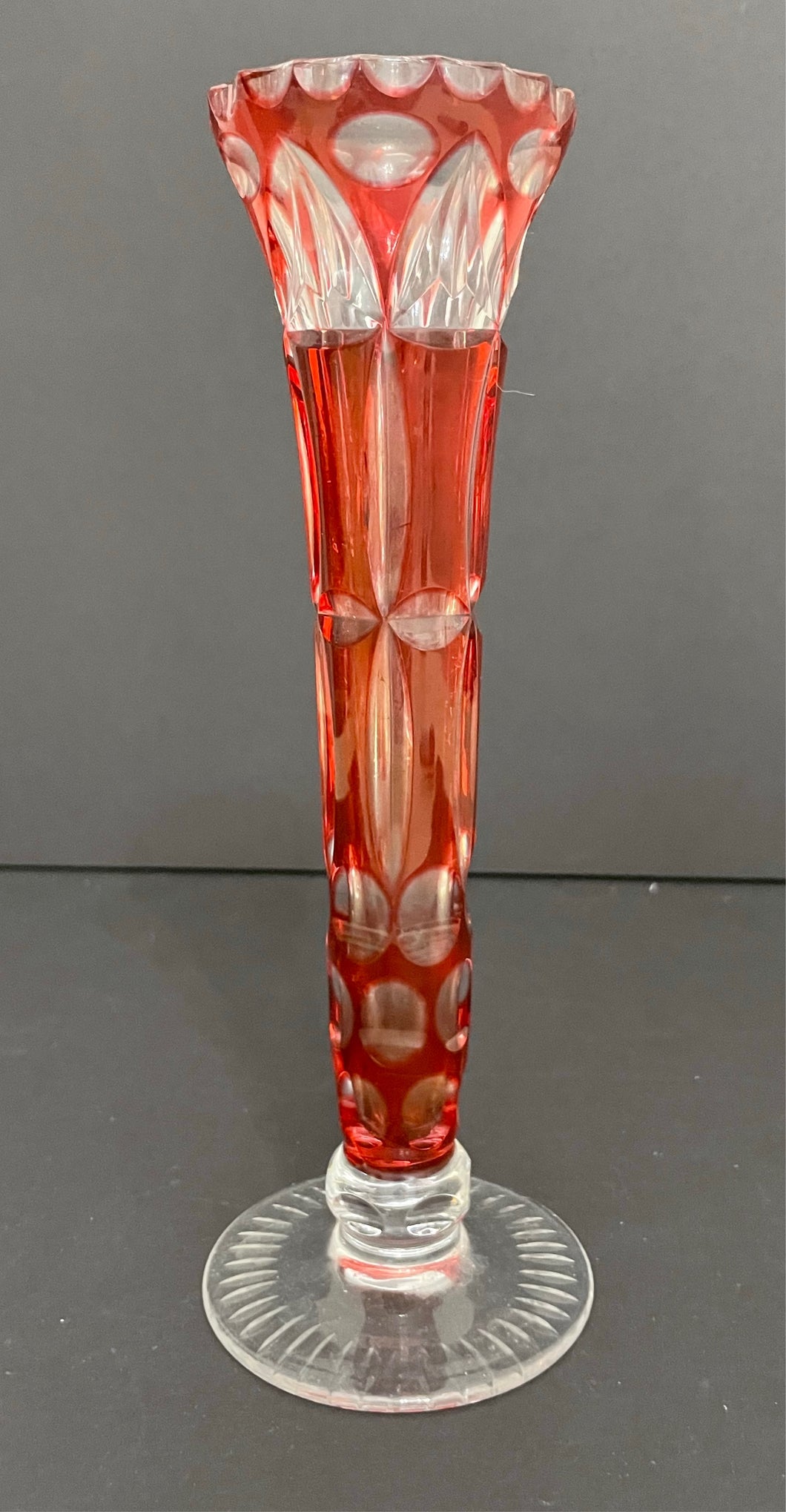 Vintage Ruby Cut to Clear Crystal Bud Vase