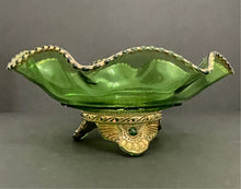 Load image into Gallery viewer, Vintage Mid Century Green and Gold Rimmed Glass Footed Bowl
