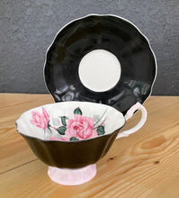 Load image into Gallery viewer, Vintage Queen Anne Black And Pink Bone China Porcelain Tea Cup &amp; Saucer

