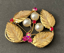 Load image into Gallery viewer, Vintage Austrian Gold tone Rhinestone Faux Pearl Brooch
