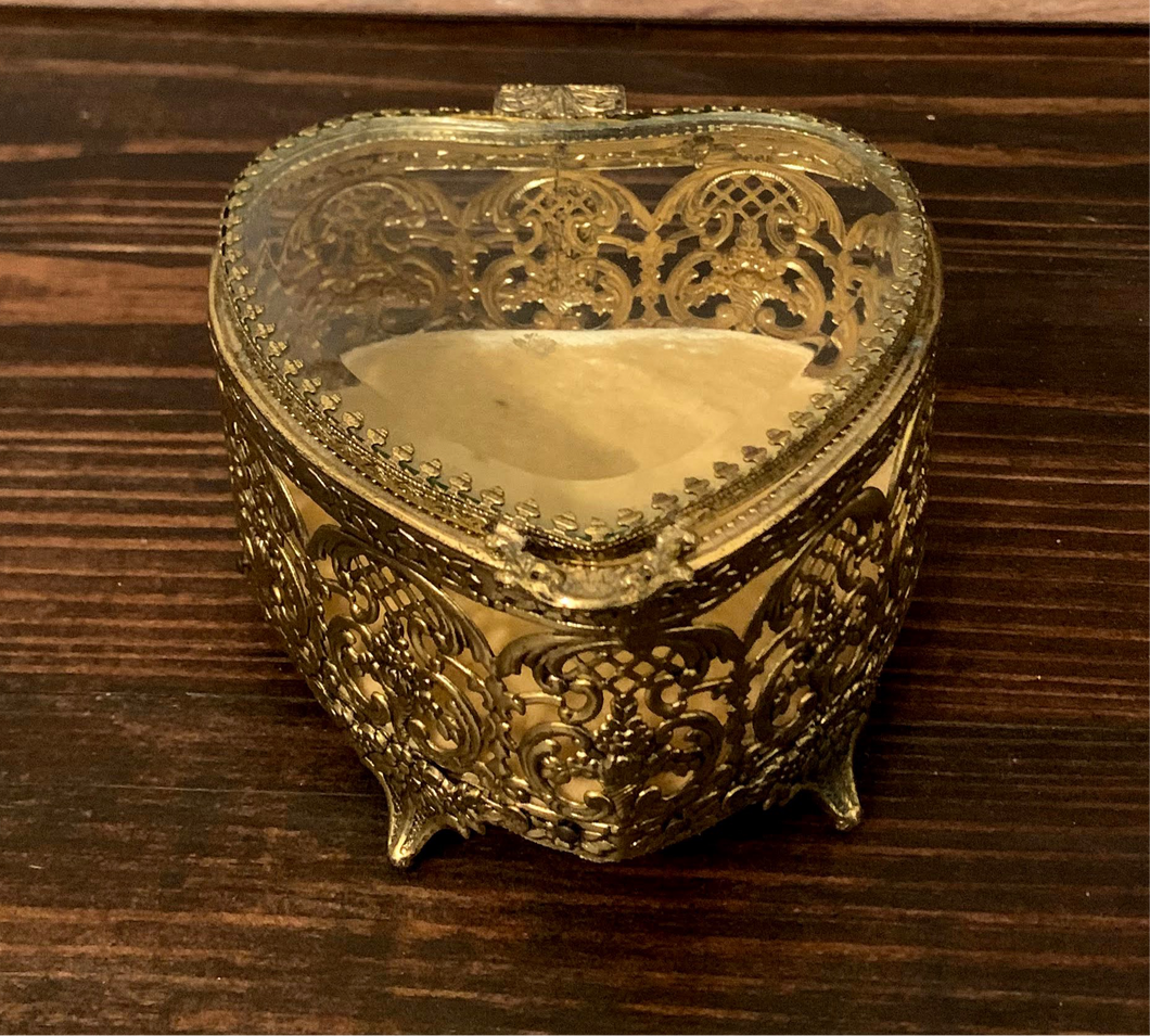 Vintage Heart Shaped Gold Filigree Beveled Glass Jewelry Box