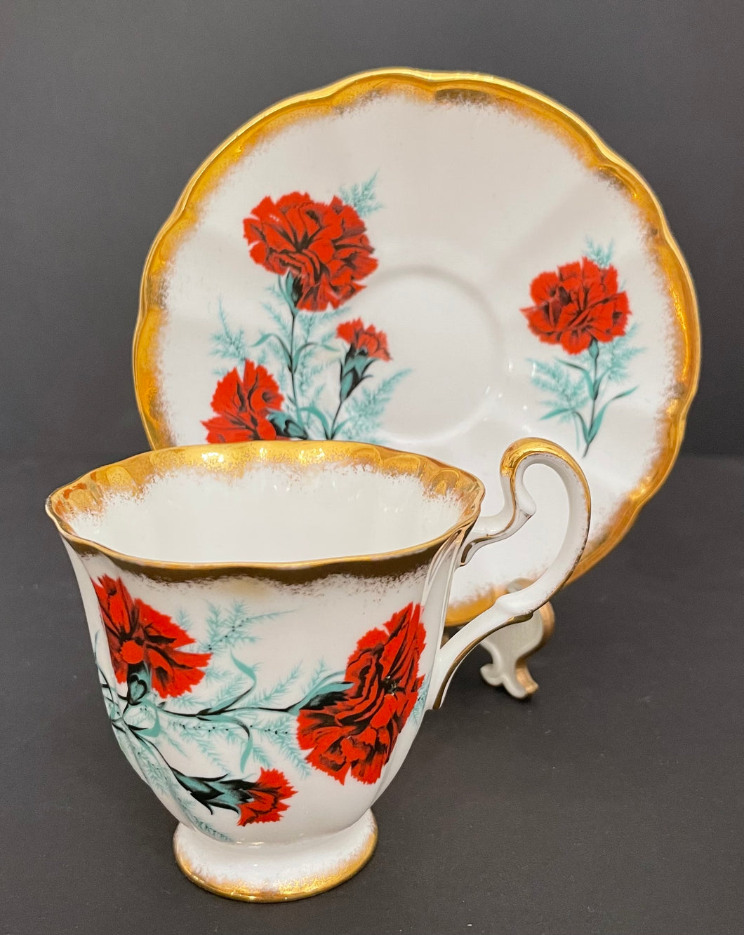 Vintage Royal Adderley Bone China Red Chrysanthemum Porcelain Teacup & Saucer