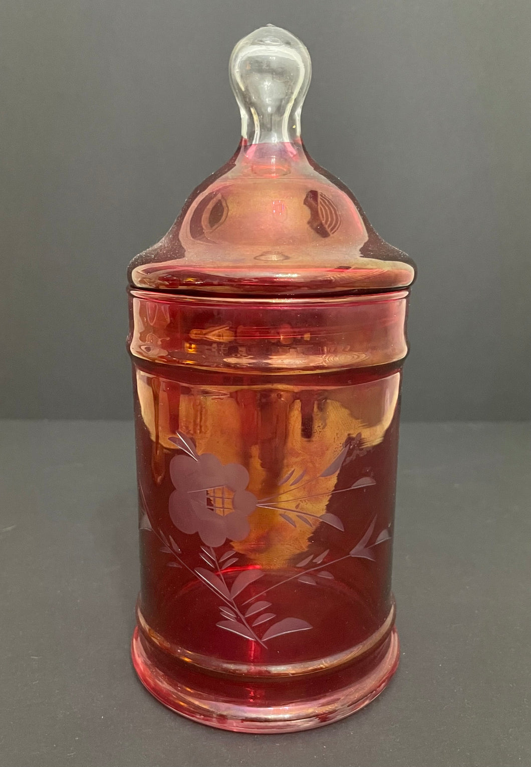 Antique Cranberry Etched Flowers Glass Biscuit Jar