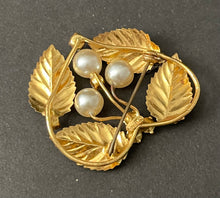 Load image into Gallery viewer, Vintage Austrian Gold tone Rhinestone Faux Pearl Brooch
