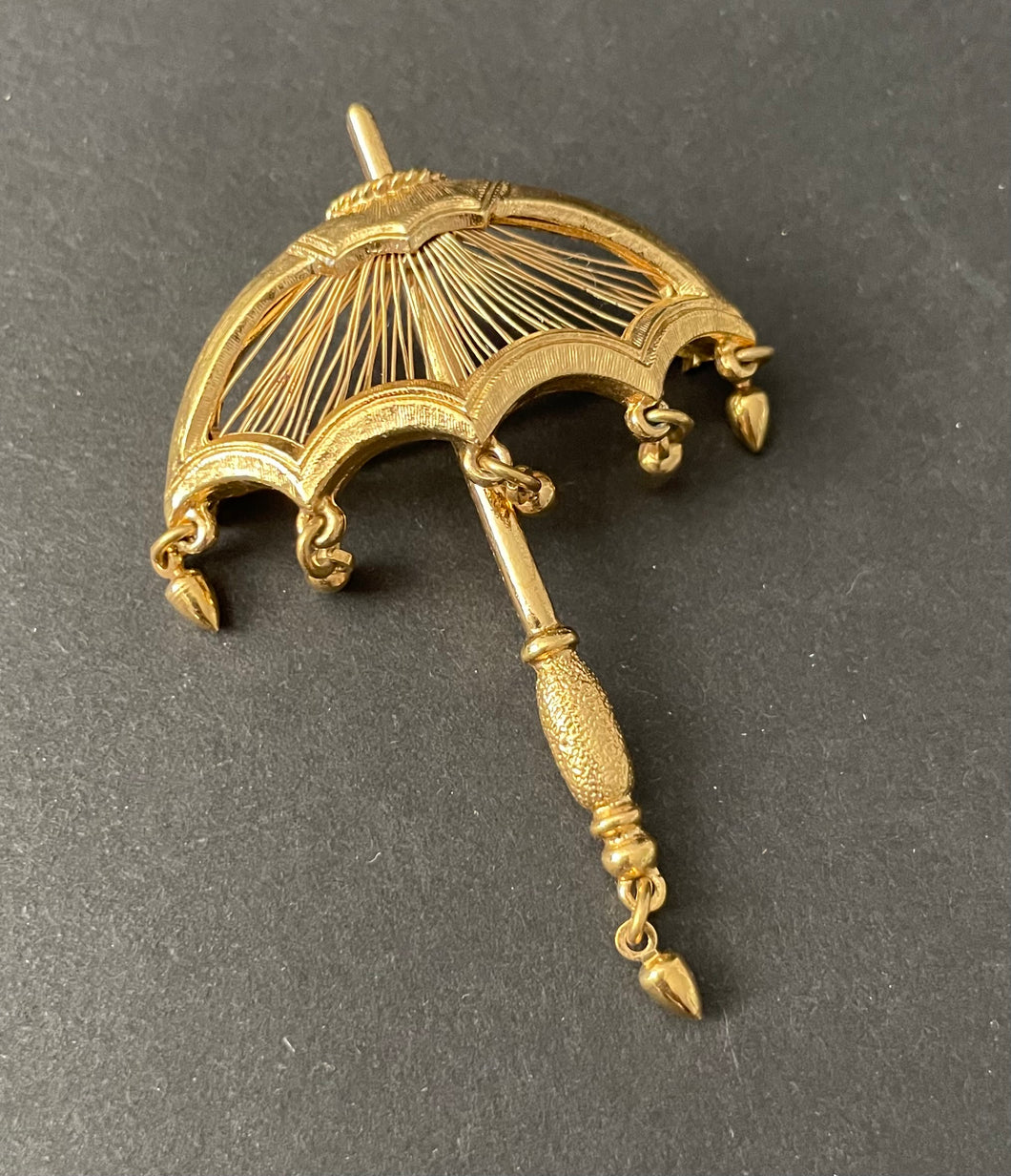 Vintage Monet Gold Tone Umbrella Parasol Brooch