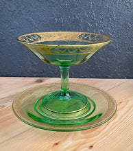 Load image into Gallery viewer, Antique 1920s EAPG Uranium Vaseline Glass Compote with Plate Gold Details
