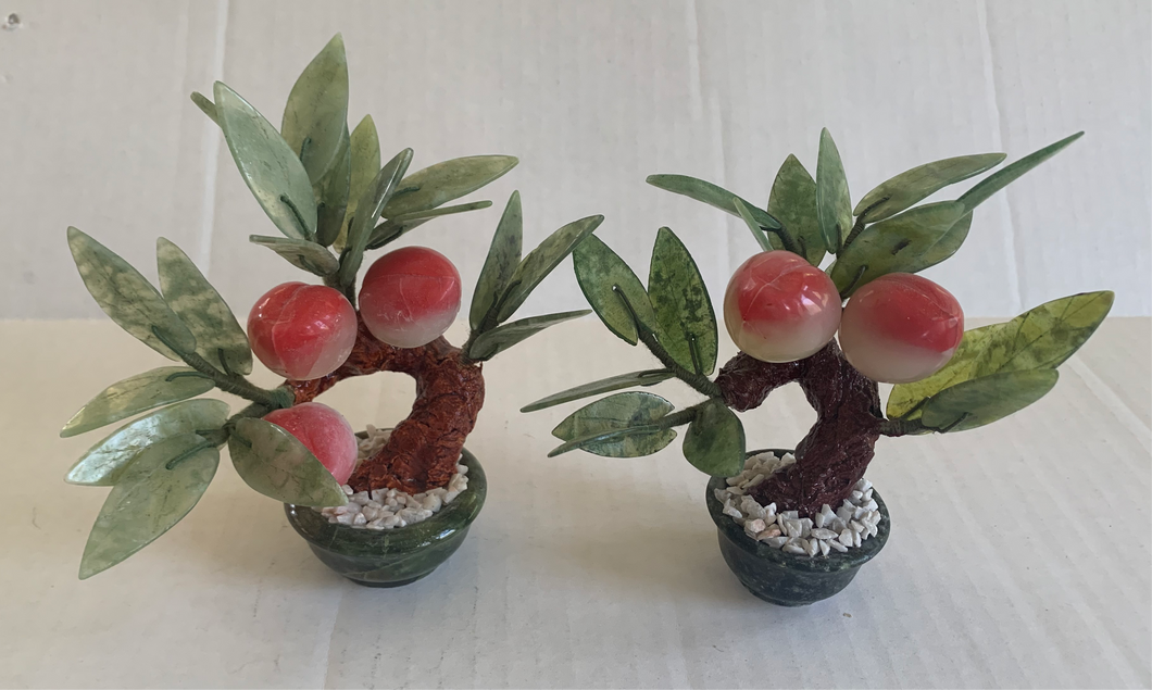 Vintage Jade Peach Bonsai Gem Stone Tree Pair