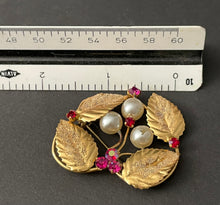 Load image into Gallery viewer, Vintage Austrian Gold tone Rhinestone Faux Pearl Brooch
