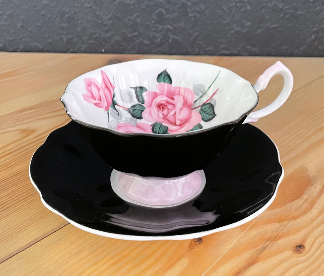 Vintage Queen Anne Black And Pink Bone China Porcelain Tea Cup & Saucer