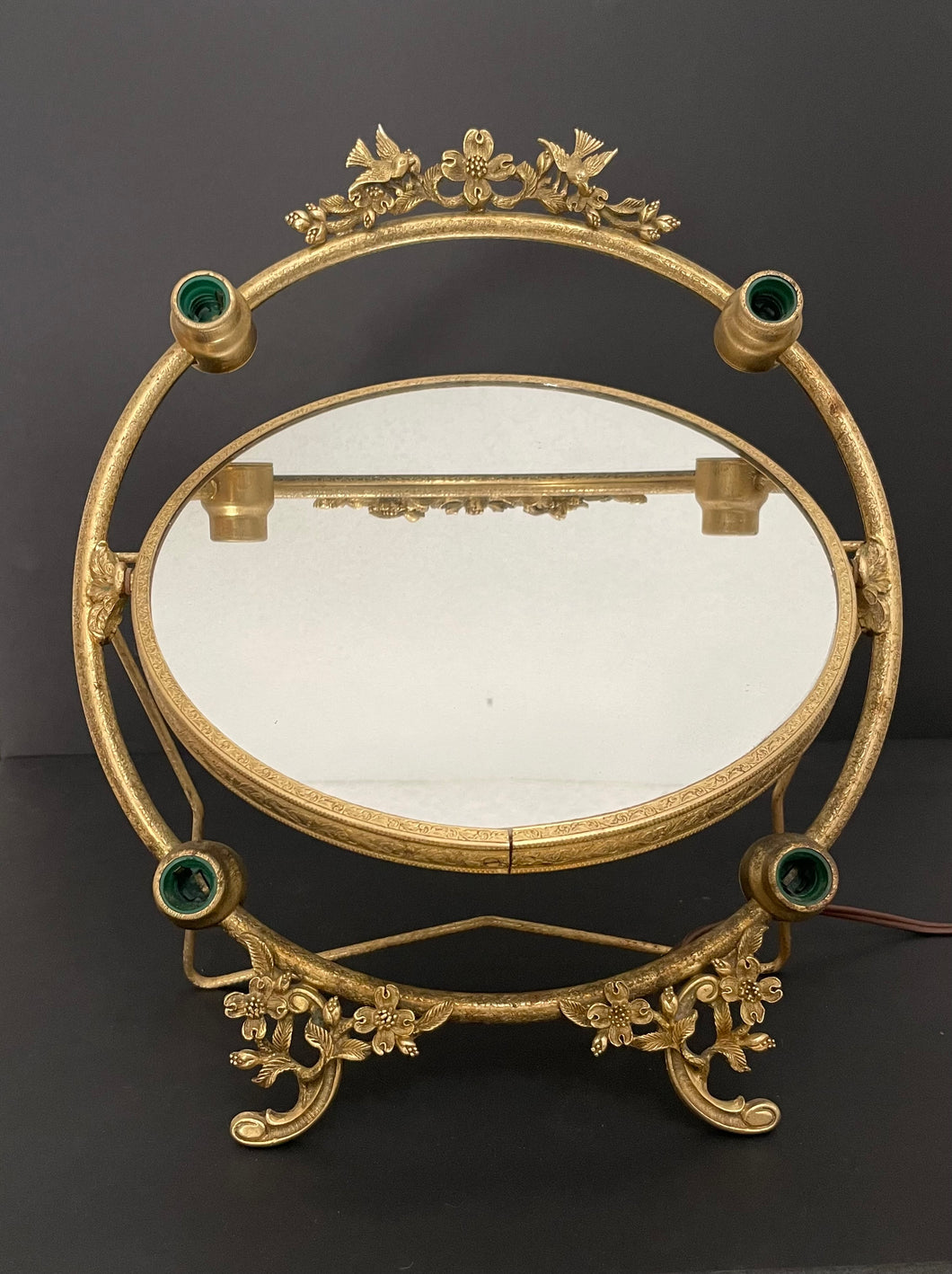 Vintage 1950s Deco Gold Filigree Lighted Vanity Double Sided Mirror