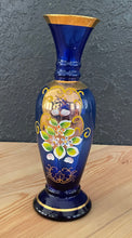 Load image into Gallery viewer, Vintage Bohemian Cobalt Glass Hand Painted Bud Vase
