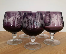 Load image into Gallery viewer, Vintage AJKA Marsala Amethyst Cut to Clear Crystal Brandy Goblets and Decanter Set

