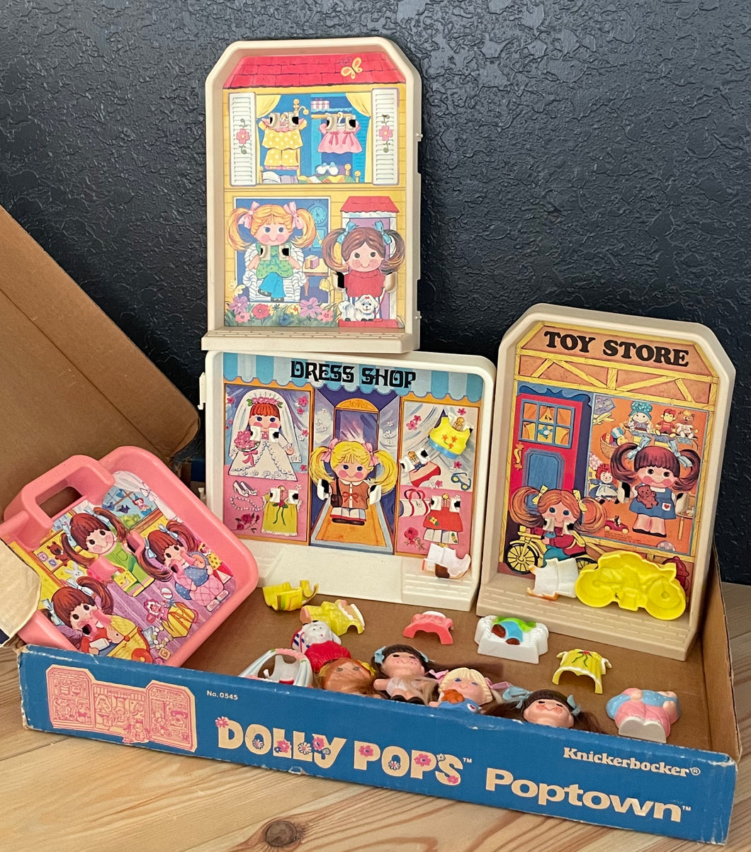 Vintage 1978 Dolly Pops Poptown & Taking Care of Baby Play Sets with original Box