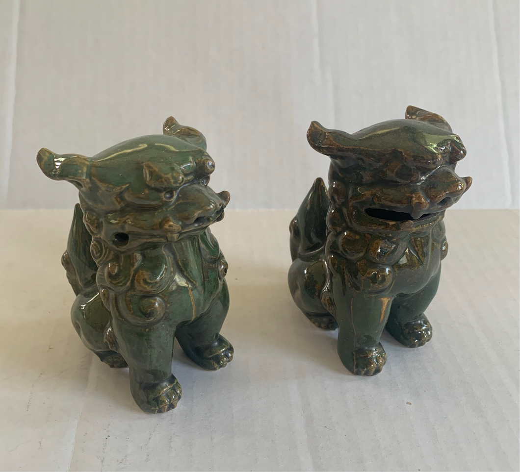 Vintage Chinese Ceramic Sitting Foo Dogs Green Pair