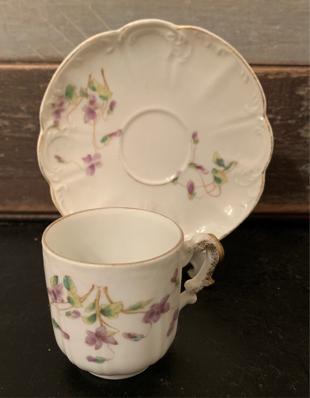 Vintage 1920s Porcelain Hand Painted Violets Demi Tea Cup and Saucer