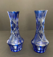 Load image into Gallery viewer, Vintage Pair of Cobalt Cut to Clear Crystal Bud Vases

