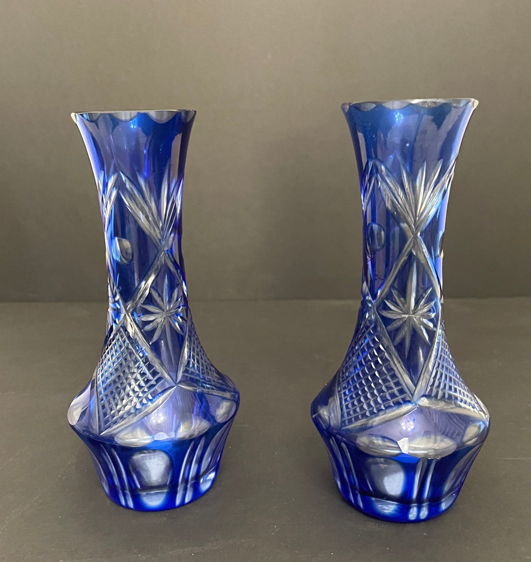 Vintage Pair of Cobalt Cut to Clear Crystal Bud Vases