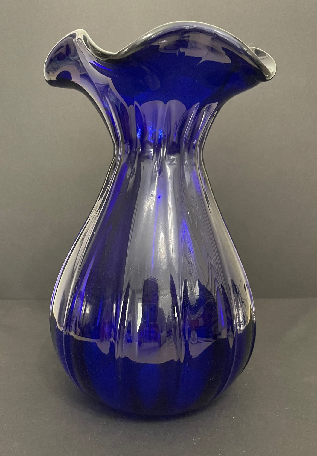 Vintage 1950s Murano Cobalt Glass Ribbed Ruffle Top Vase