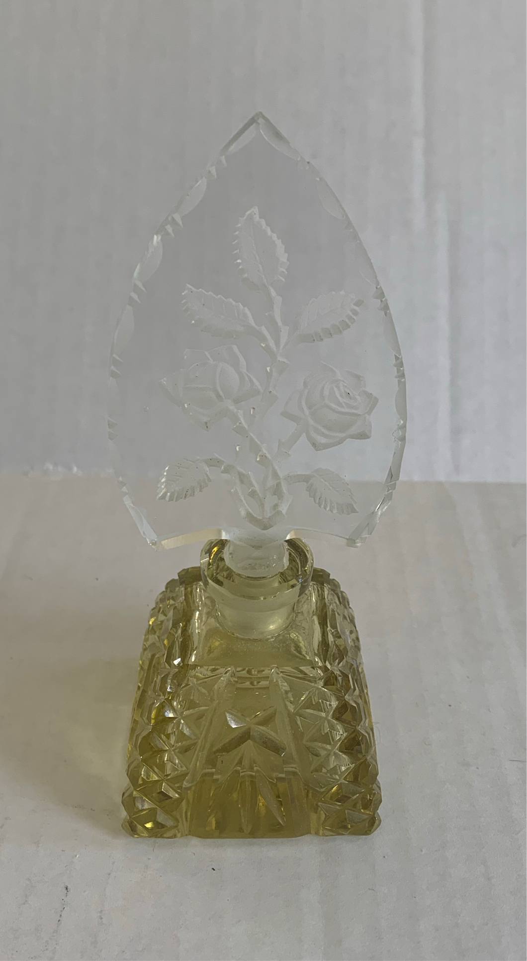 Vintage Canary Crystal Etched Glass Perfume Bottle