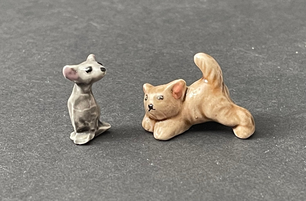 Vintage Hagen Renaker Porcelain Miniature Cat and Mouse Figurines