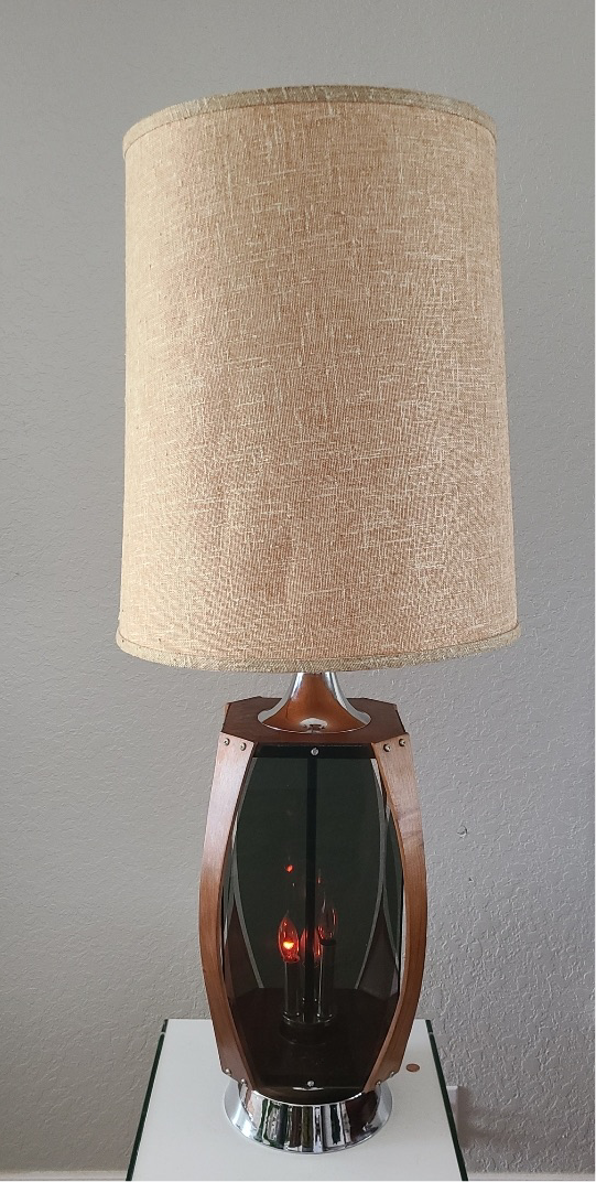 Mid-Century Chrome Smoked Lucite & Walnut Table Lamp Original Shade Lawrin Lamp Company