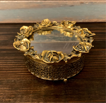 Load image into Gallery viewer, Vintage 1950s Gold Filigree Mirror Top Powder Box
