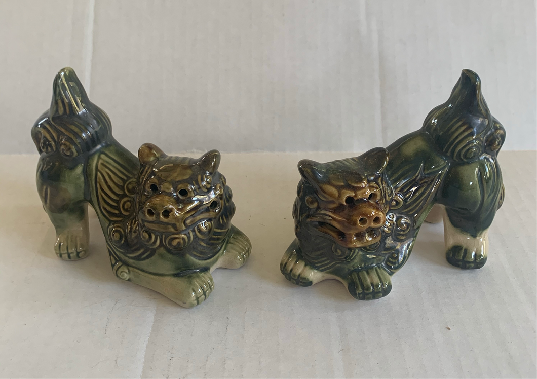 Vintage Chinese Ceramic Crouching Foo Dogs Green Pair
