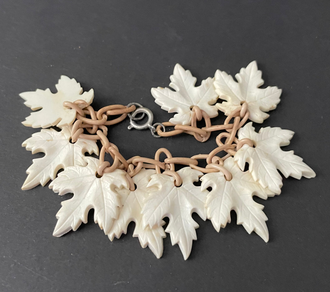 Vintage White Celluloid Maple Leaf Charm Bracelet