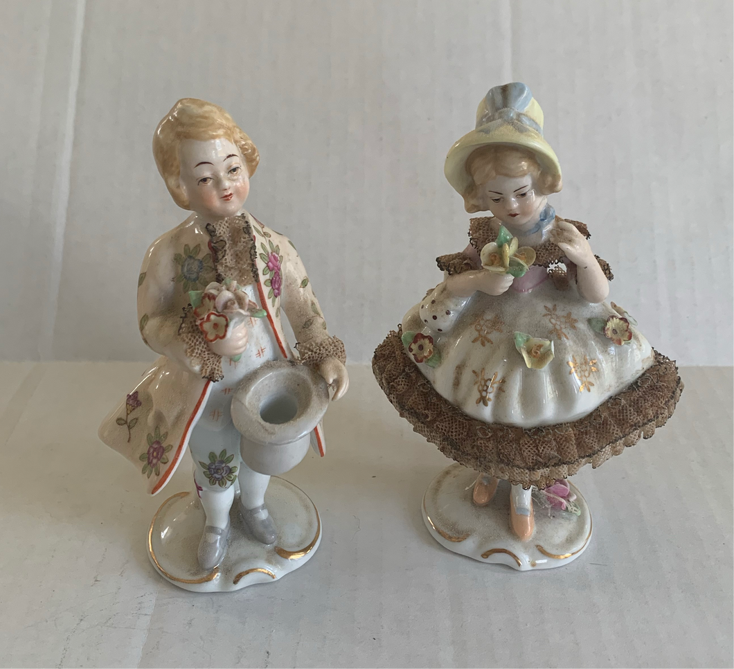 Vintage Porcelain Dresden Lace Victorian Couple Figurines