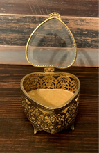 Load image into Gallery viewer, Vintage Heart Shaped Gold Filigree Beveled Glass Jewelry Box

